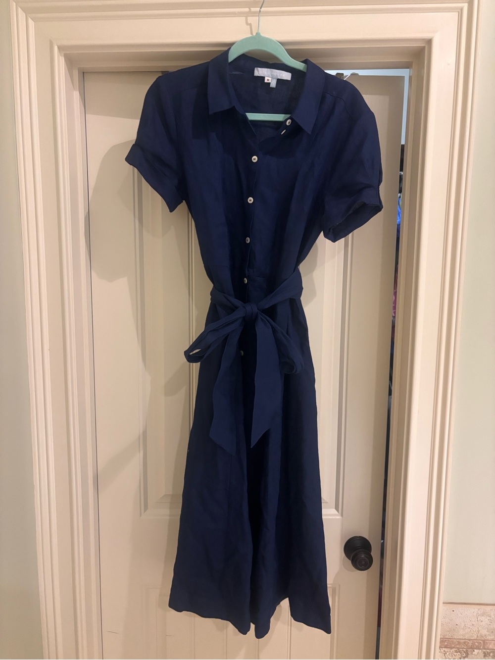 Hill House Navy Button-Front Midi Shirt Dress with Tie Waist **100% linen
